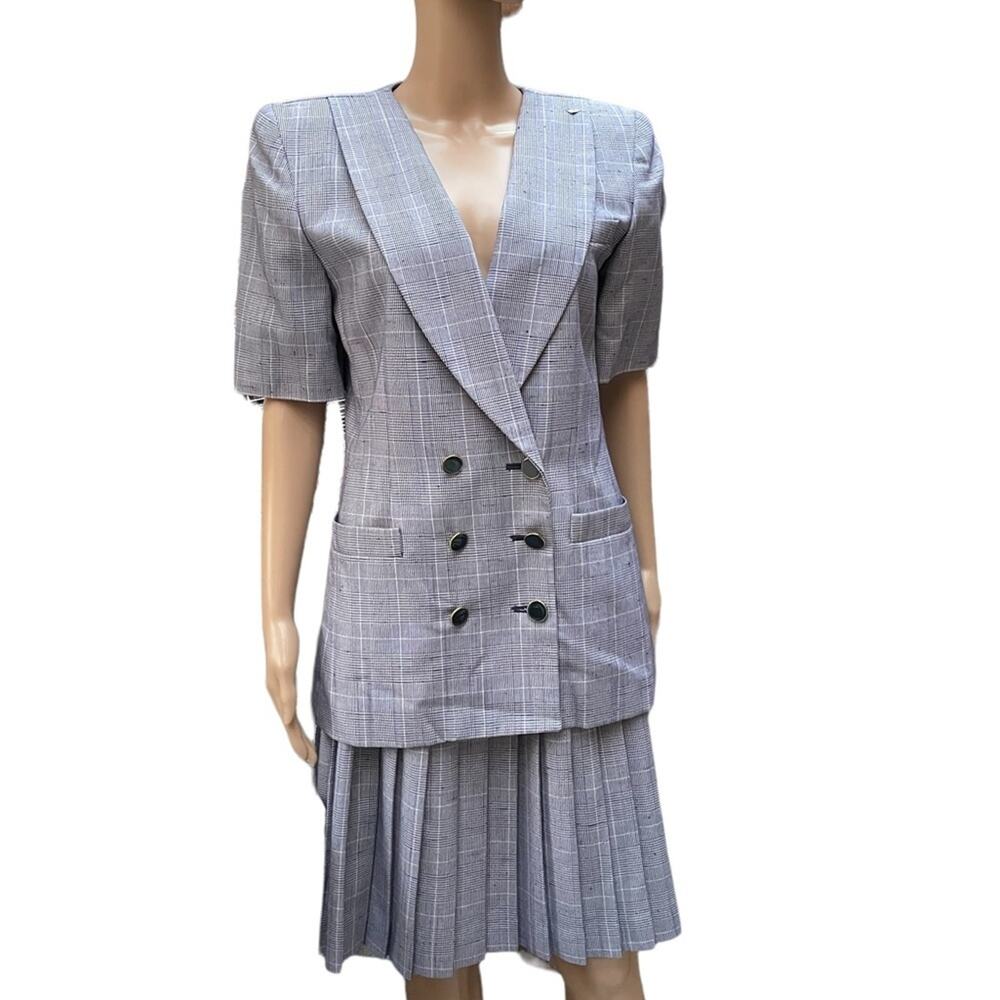 Vintage Gilmor Blazer Jacket Skirt Suit Womens 8 Plaid Pleated 2 Piece Career
